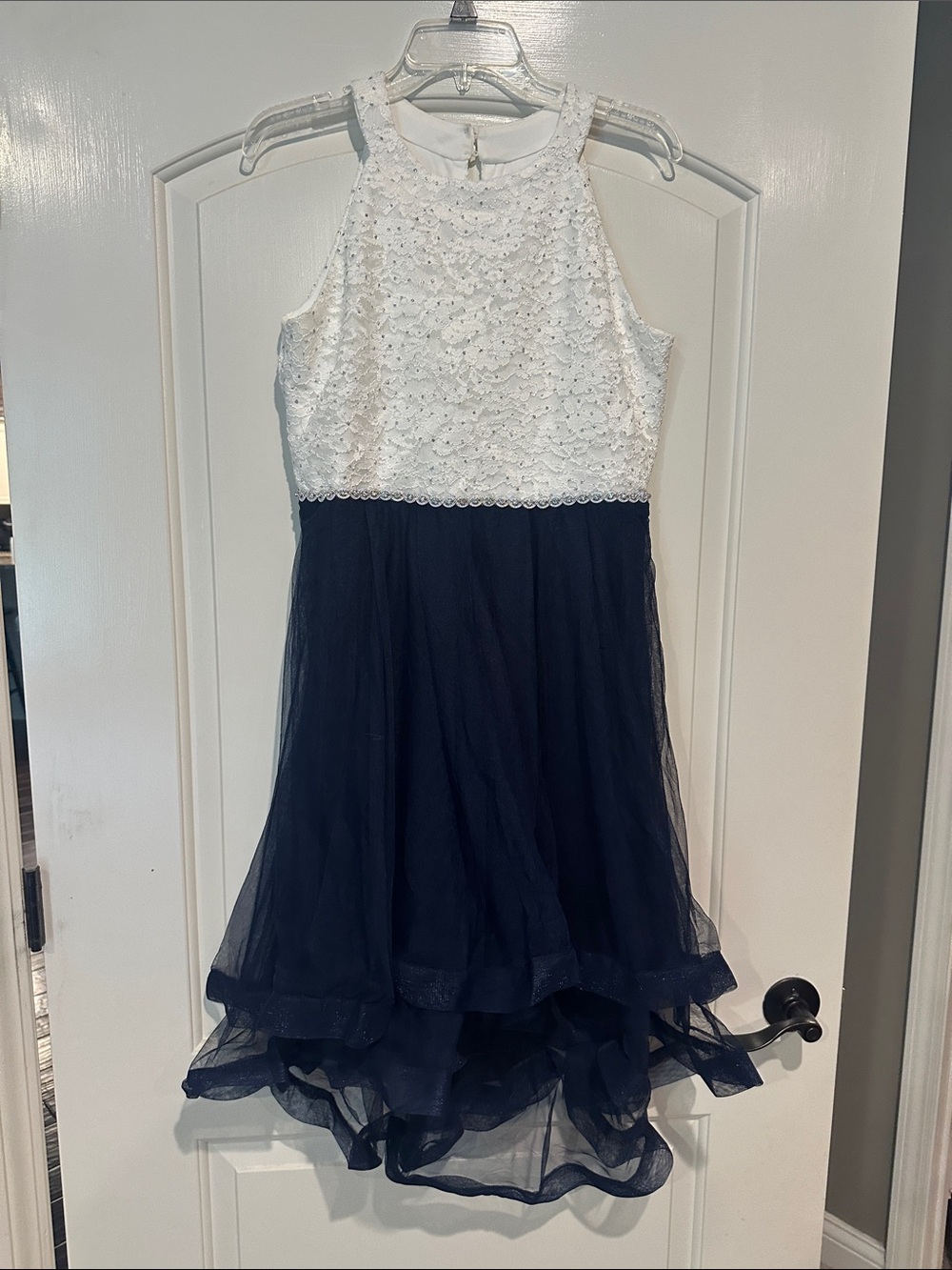Girls Navy and White Lace Halter Dress